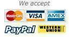 We accept Visa, Mastercard, Amex, Paypal, Western union