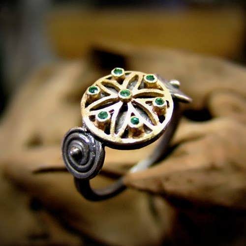 Ka Ring Gold and Silver with Gemstones with Emerald