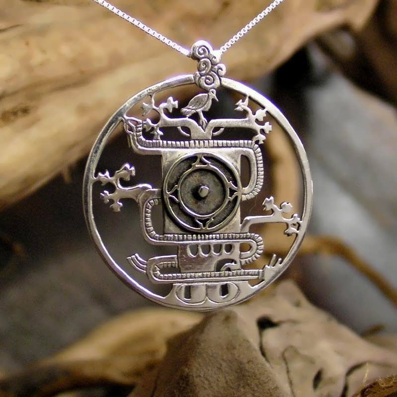 Mayan World Tree Pendant Silver - Mayan Glyph Pendant